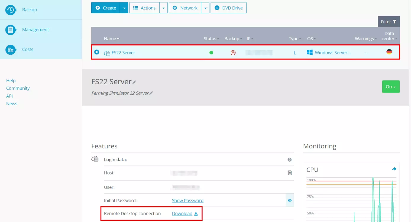 Imagen: Acceso a los datos del servidor en el Cloud Panel de IONOS