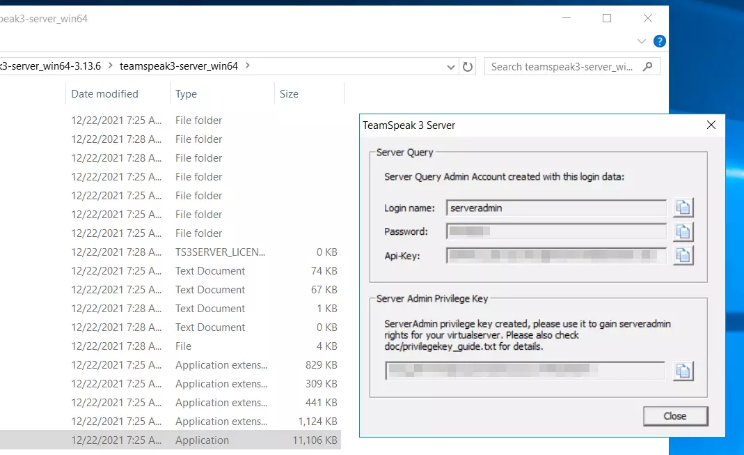 Imagen: TeamSpeak 3 server: datos de acceso del administrador