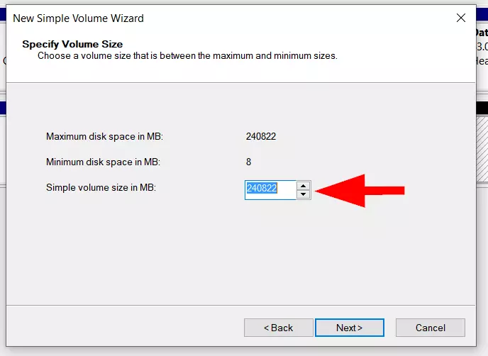 Imagen: Dialog box: Especificar tamaño de volumen