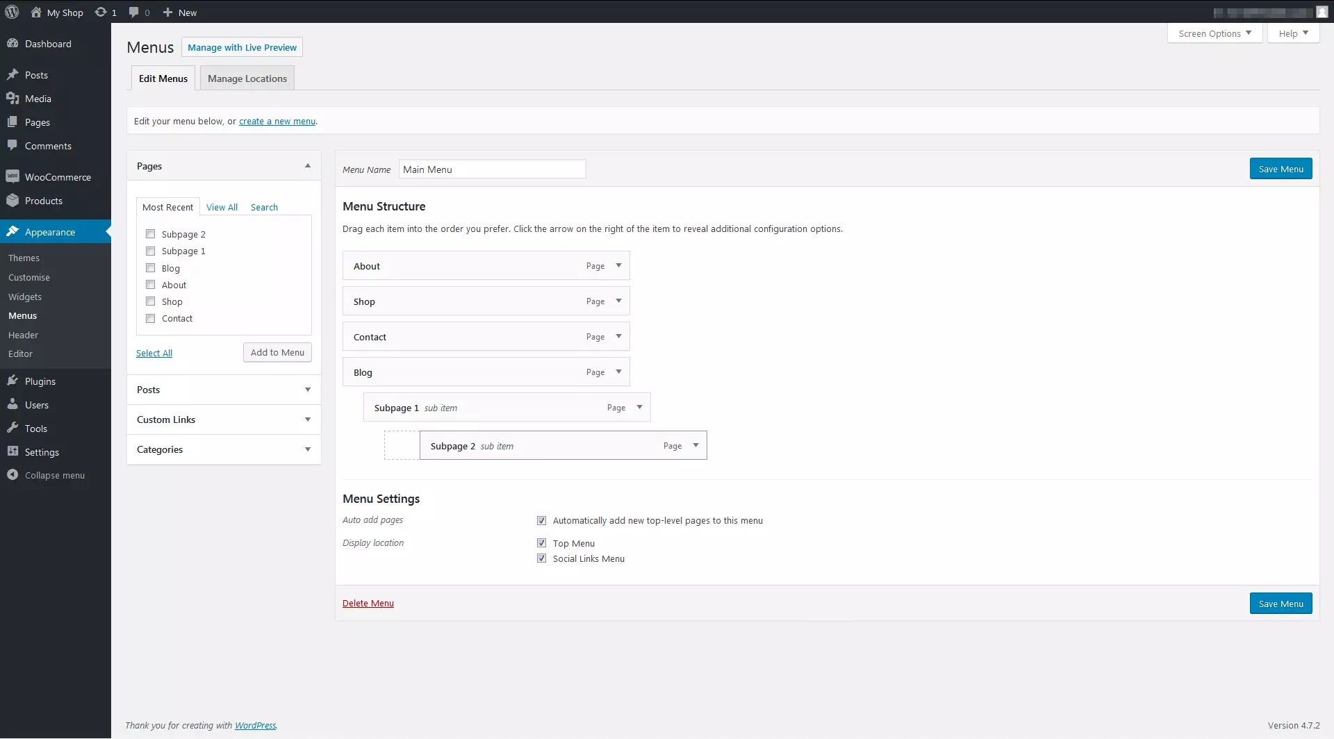 Imagen: Plugin WooCommerce: ajustes en la estructura del menú