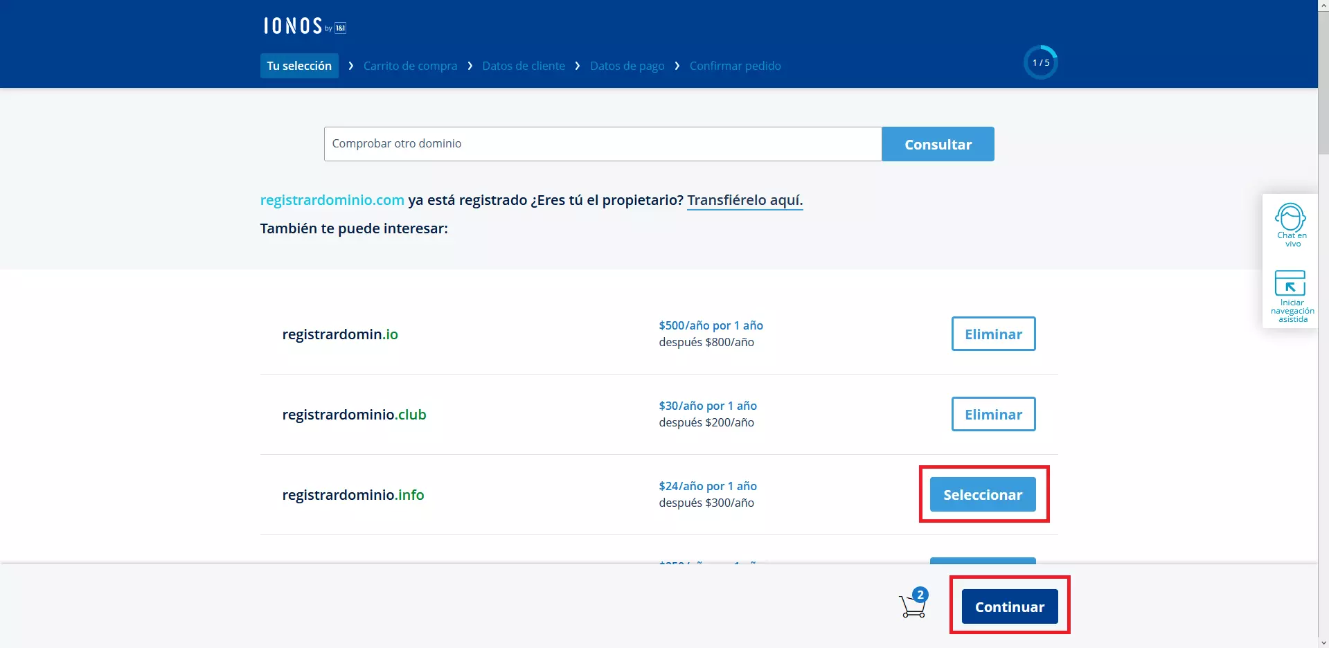 Imagen: IONOS: selección de dominios para su compra 