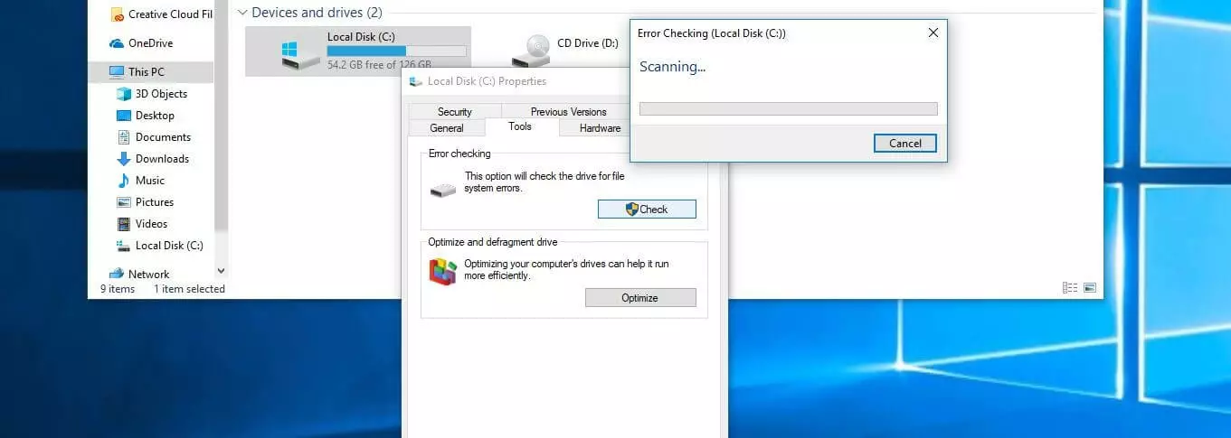 Imagen: Comprobación de unidades de disco de Windows en busca de errores de sistema de archivos