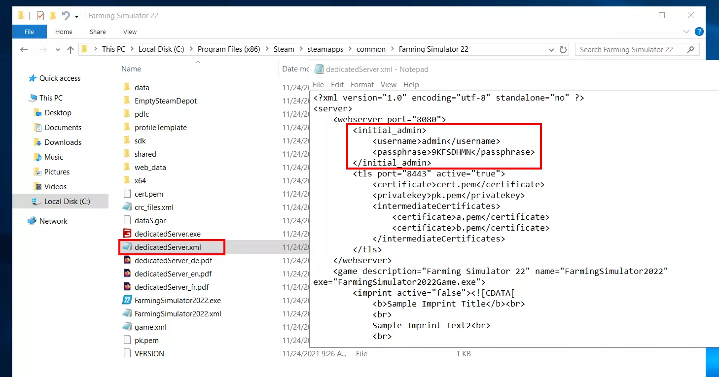 Imagen: dedicatedServer.xml del Farming Simulator 22