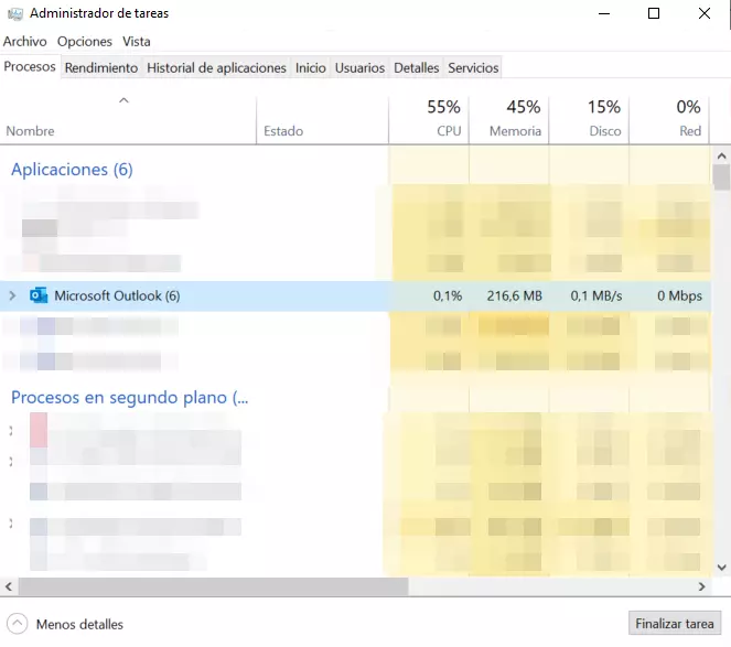 Finalizar Outlook en el administrador de tareas Finalizar Outlook en el administrador de tareas