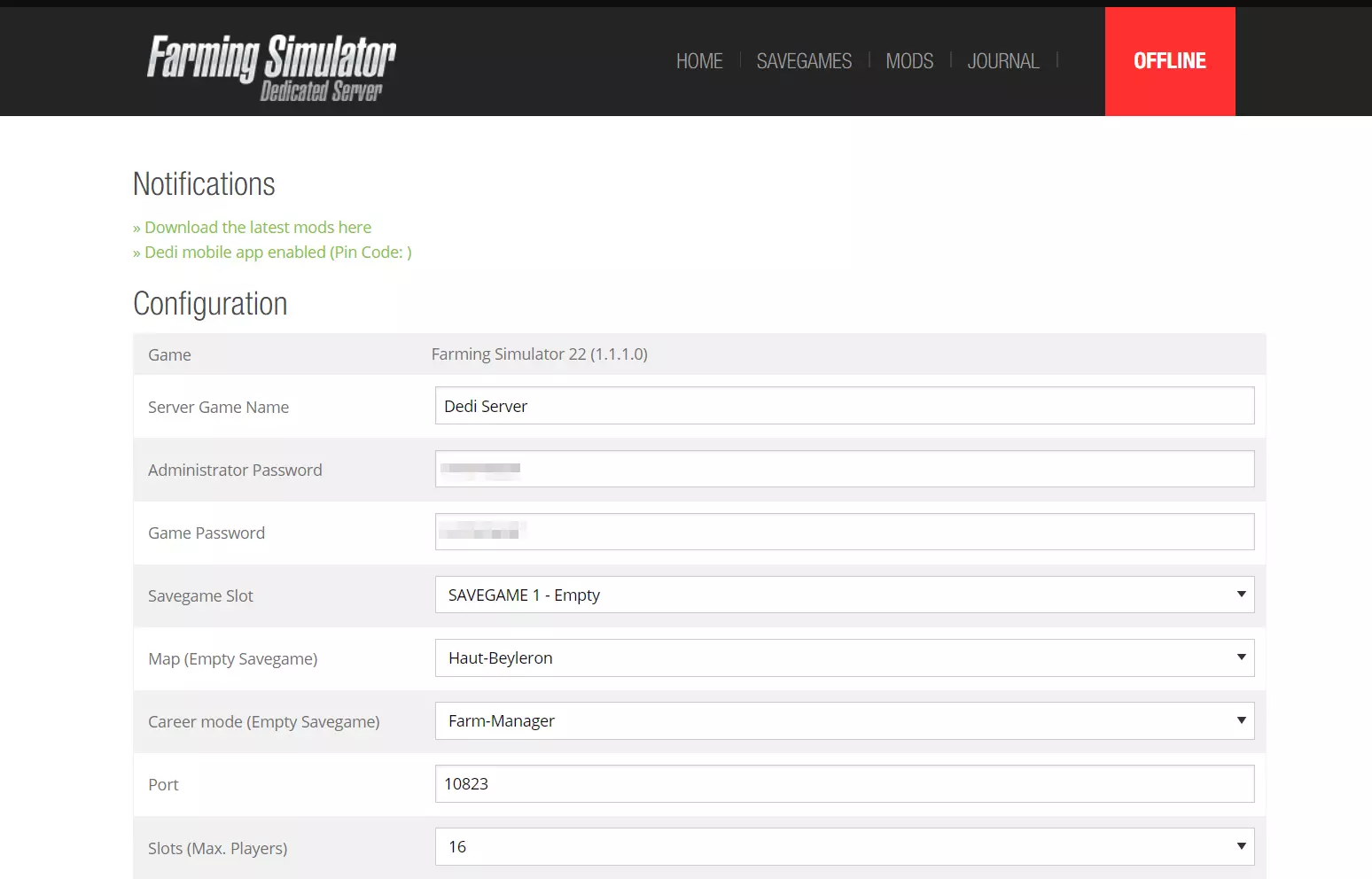 Imagen: FS22: interfaz web del servidor dedicado